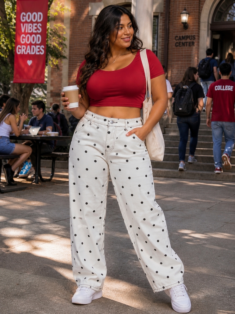 High-Rise White Polka Dot Wide Leg Pants — Boot Cut & Flare